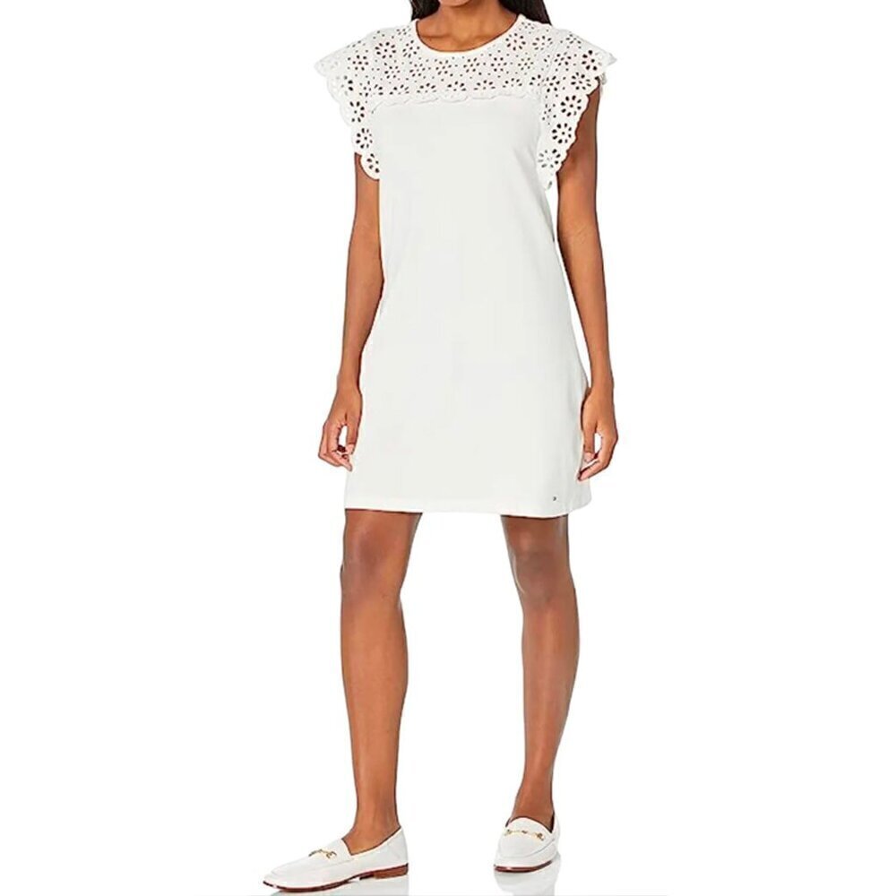 Tommy Hilfiger Size Medium M Cream White Eyelet Dress Flutter Sleeve Pullover